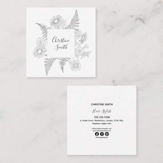 Elegant Floral Black en White minimalist Vierkante Visitekaartje (Voorkant / Achterkant)