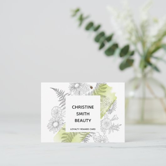 Elegant Floral Black en White Salon Loyalty Card Visitekaartje (Staand voorkant)