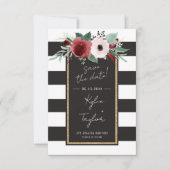 Elegant Floral Black en White Stripe Magenta Gold Save The Date (Voorkant)