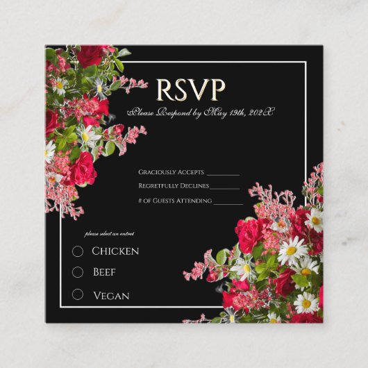 Elegant Floral Black Flower Photo Enclosure Card Informatiekaartje (Voorkant)