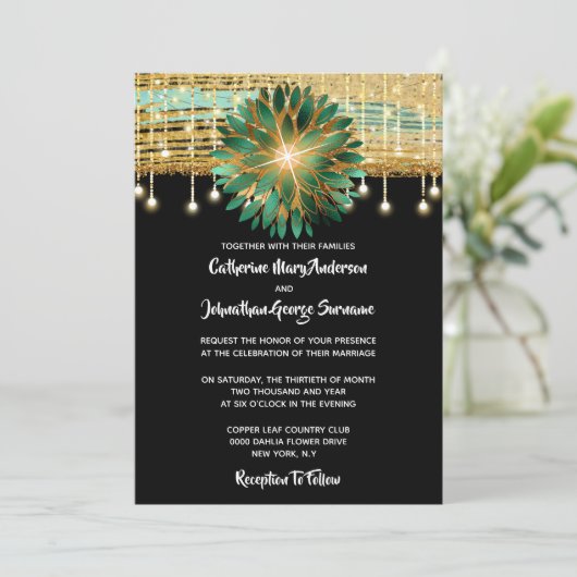 Elegant Floral Black Gold blauwgroen blue trouwfee Kaart (Staand voorkant)