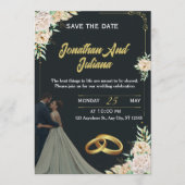 Elegant Floral Black Gold Custom Wedding Invite  Kaart (Voorkant)