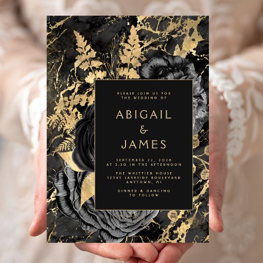 Elegant Floral Black Gold Marble Wedding Kaart