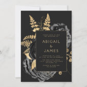 Elegant Floral Black Gold Wedding Kaart (Voorkant)