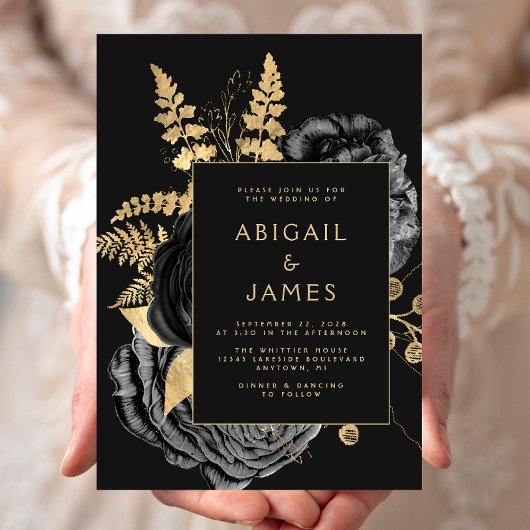 Elegant Floral Black Gold Wedding Kaart