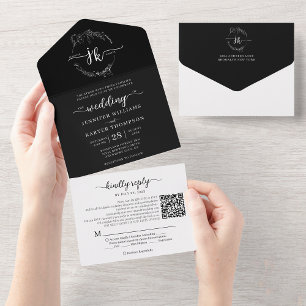 Elegant Floral Black Monogram QR Code Weddenschap All In One Uitnodiging