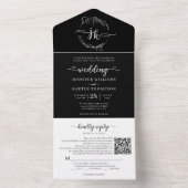 Elegant Floral Black Monogram QR Code Weddenschap All In One Uitnodiging (Binnen)