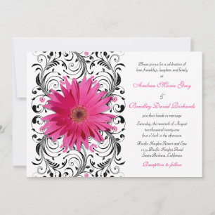 Elegant Floral Black Pink Daisy Wedding Kaart