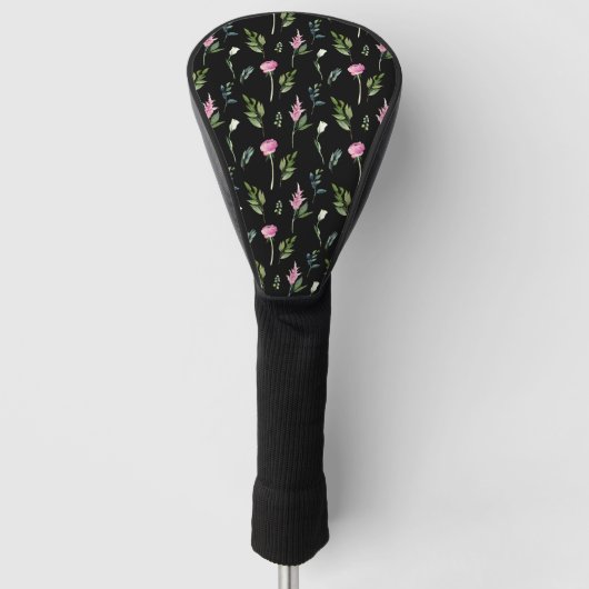 Elegant Floral Black Pink Name Chic  Golfheadcover (Voorkant)