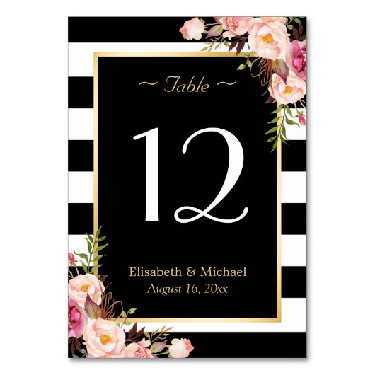 Elegant Floral Black Stripes Wedingstabel Number Kaart (Achterkant)