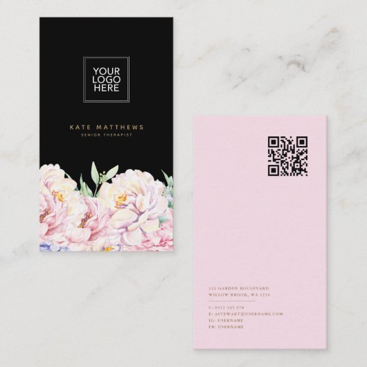 Elegant Floral Black Visitekaartje met QR-code (Voorkant / Achterkant)