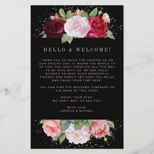 Elegant Floral Black Wedding Welcome Itinerary (Voorkant)