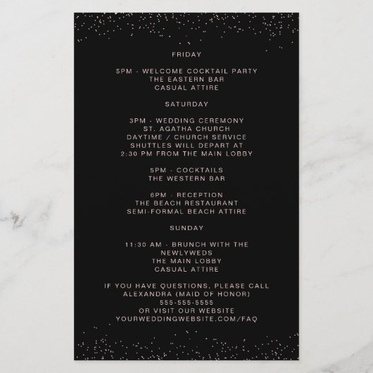 Elegant Floral Black Wedding Welcome Itinerary (Achterkant)