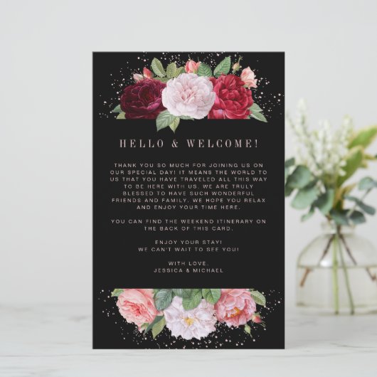 Elegant Floral Black Wedding Welcome Itinerary (Staand voorkant)
