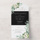 Elegant Floral Black White Roos Waterverf Wedding All In One Uitnodiging (Binnen)
