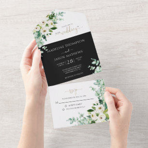 Elegant Floral Black White Roos Waterverf Wedding All In One Uitnodiging