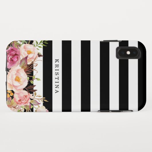 Elegant Floral Black White Striped Monogram Name Case-Mate iPhone Case (Achterkant (horizontaal))