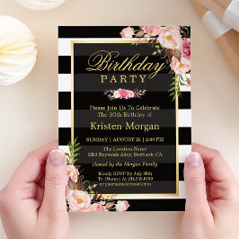 Elegant Floral Black White Stripes Birthday Party Kaart