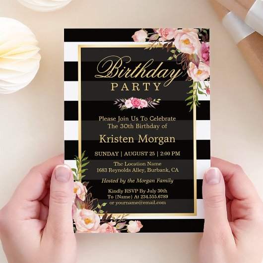 Elegant Floral Black White Stripes Birthday Party Kaart
