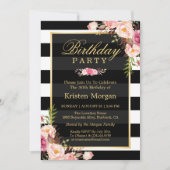 Elegant Floral Black White Stripes Birthday Party Kaart (Voorkant)