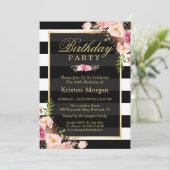 Elegant Floral Black White Stripes Birthday Party Kaart (Staand voorkant)