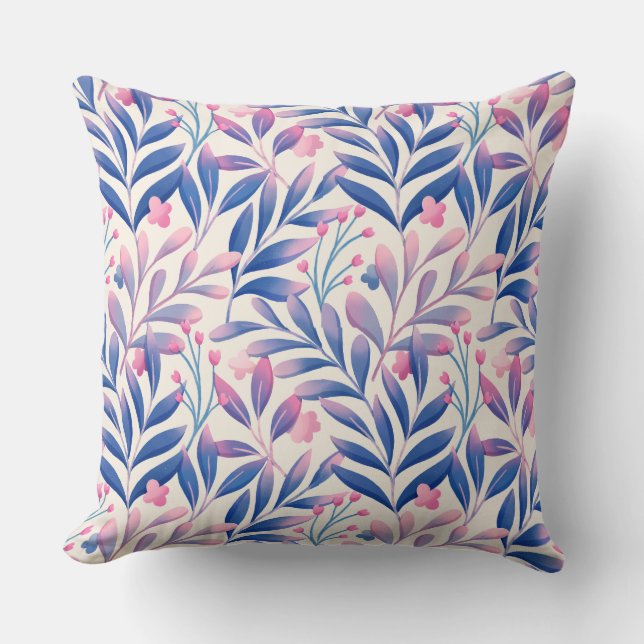 Elegant Floral Blauw Roze Blad Patroon Kussen (Voorkant)