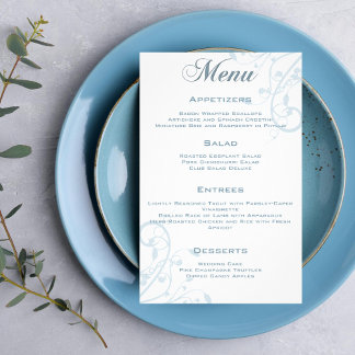 Elegant Floral Bleek Light Blue Wedding Menu Flyer
