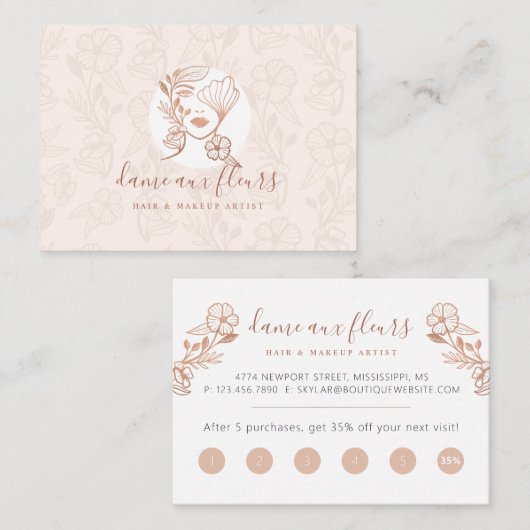Elegant Floral Blooming Beauty Woman Logo Roze Klantenkaartje (Voorkant / Achterkant)