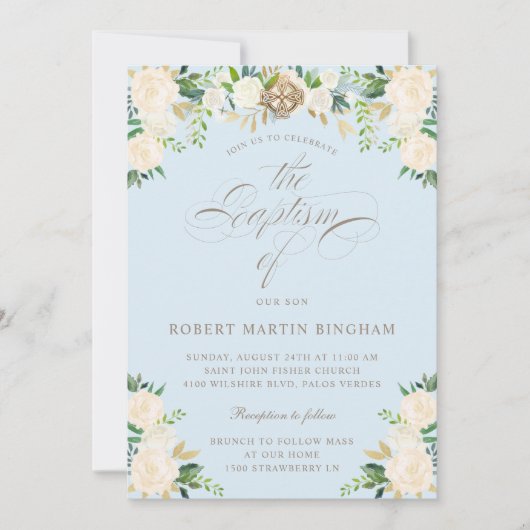 Elegant Floral Blue Beige Calligraphy Baptisme Kaart (Voorkant)