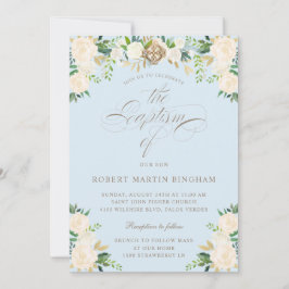 Elegant Floral Blue Beige Calligraphy Baptisme Kaart