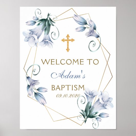 Elegant Floral Blue Boy Baptism Welkom Poster (Voorkant)