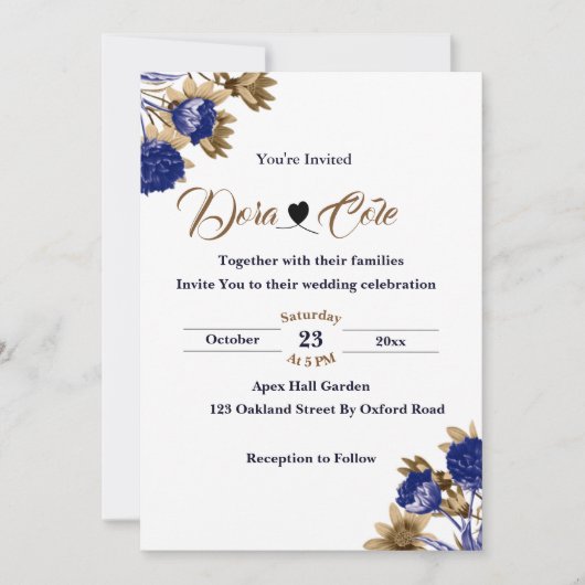 Elegant Floral Blue & Brown Waterverf Wedding Kaart (Voorkant)