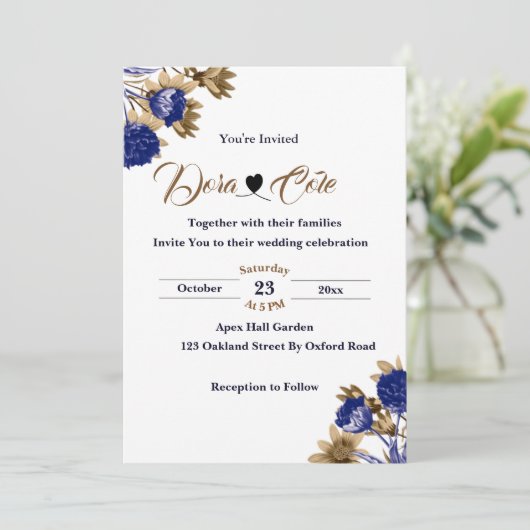 Elegant Floral Blue & Brown Waterverf Wedding Kaart (Staand voorkant)