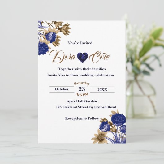 Elegant Floral Blue & Brown Waterverf Wedding Kaart (Staand voorkant)