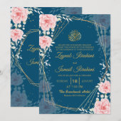Elegant Floral Blue Gold Islamic Muslim Wedding Kaart (Voorkant / Achterkant)