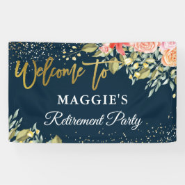 Elegant Floral Blue Gold Retirement Party Banner