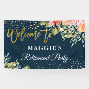 Elegant Floral Blue Gold Retirement Party Banner