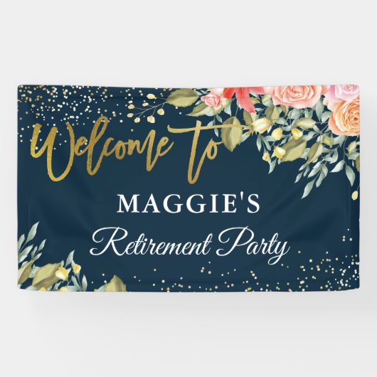Elegant Floral Blue Gold Retirement Party Banner (Horizontaal)