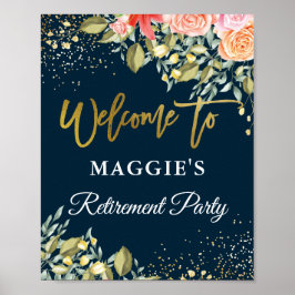 Elegant Floral Blue Gold Retirement Party Welkom Poster