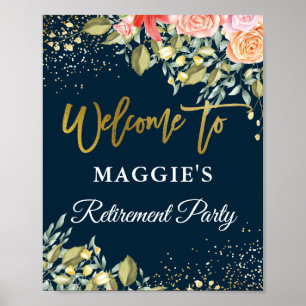 Elegant Floral Blue Gold Retirement Party Welkom Poster
