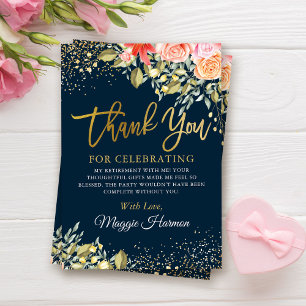 Elegant Floral Blue Gold Surprise Retirement Party Bedankkaart