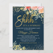 Elegant Floral Blue Gold Surprise Retirement Party Kaart (Voorkant)