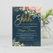 Elegant Floral Blue Gold Surprise Retirement Party Kaart (Staand voorkant)