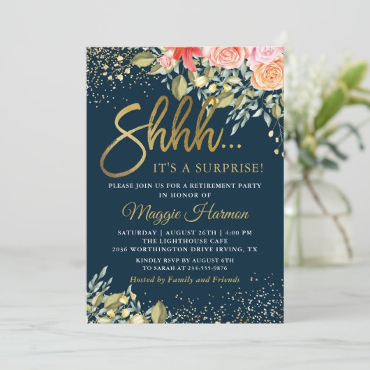 Elegant Floral Blue Gold Surprise Retirement Party Kaart (Staand voorkant)
