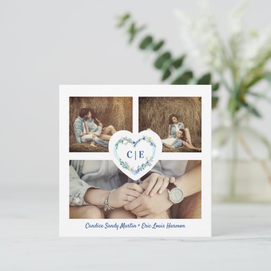 Elegant Floral Blue Heart 3 Foto's Verloving Save The Date (Staand voorkant)