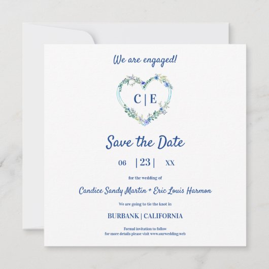 Elegant Floral Blue Heart 3 Foto's Verloving Save The Date (Achterkant)