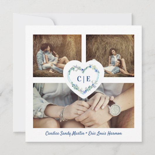 Elegant Floral Blue Heart 3 Foto's Verloving Save The Date (Voorkant)