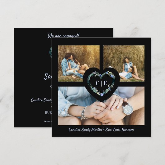 Elegant Floral Blue Heart 3 Save The Date (Voorkant / Achterkant)