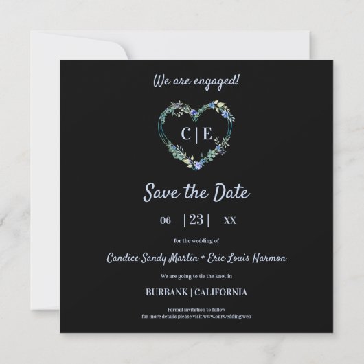 Elegant Floral Blue Heart 3 Save The Date (Achterkant)