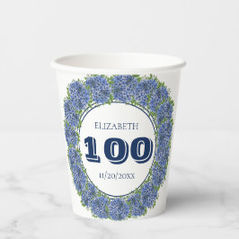 Elegant Floral Blue Hydrangea 100th Birthday Party Papieren Bekers